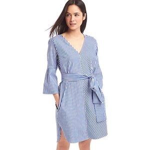 Talbots Blue & White Striped Flutter Sleeve Overall Dress with Belt Size 10